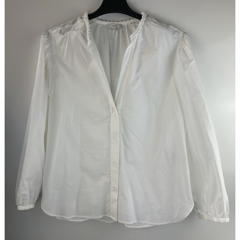 Vince Women's Braid Trim Band Collar Blouse White Button up Top Deep V-Neck XL - Picture 2 of 16